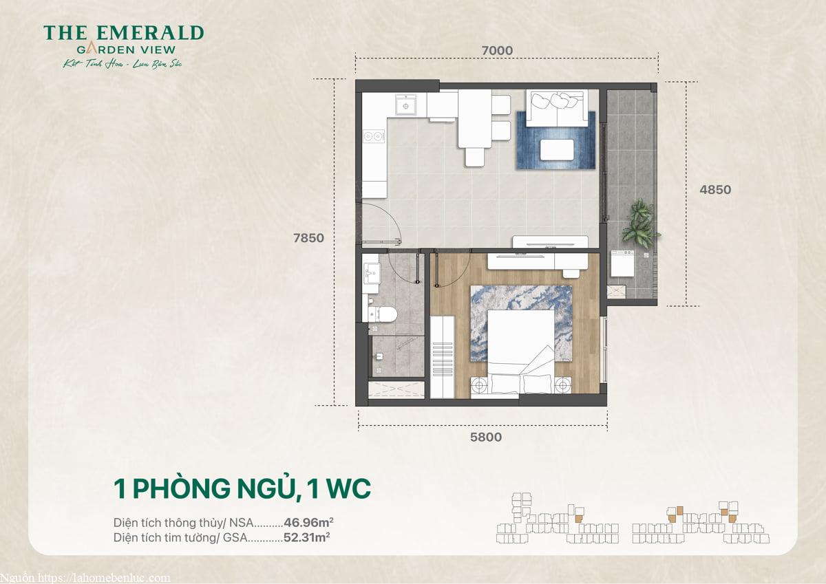 Bản vẽ mặt bằng căn hộ một phòng ngủ một vệ sinh, diện tích 52 m2, thể hiện kích thước và phân chia không gian
