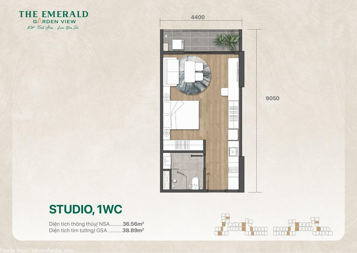 Bản vẽ thiết kế bố trí căn Studio một phòng WC với diện tích 38 m2 chi tiết
