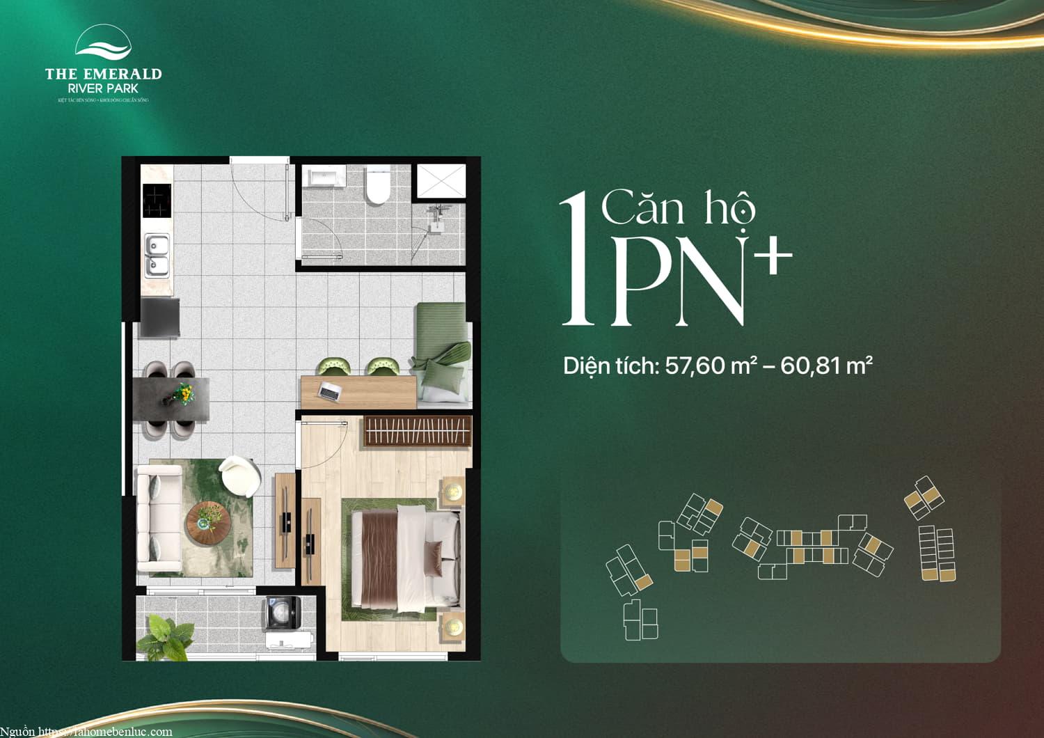 Căn 1PN+1 The Emerald River Park diện tích 57 đến 60 m2