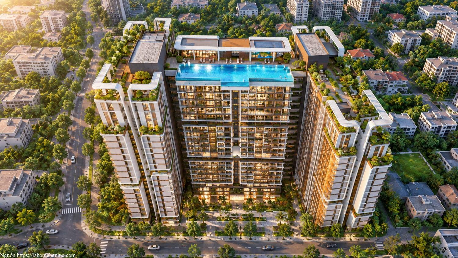 Góc nhìn trên cao Happy One Elite thể hiện hồ bơi trên không với đáy kính