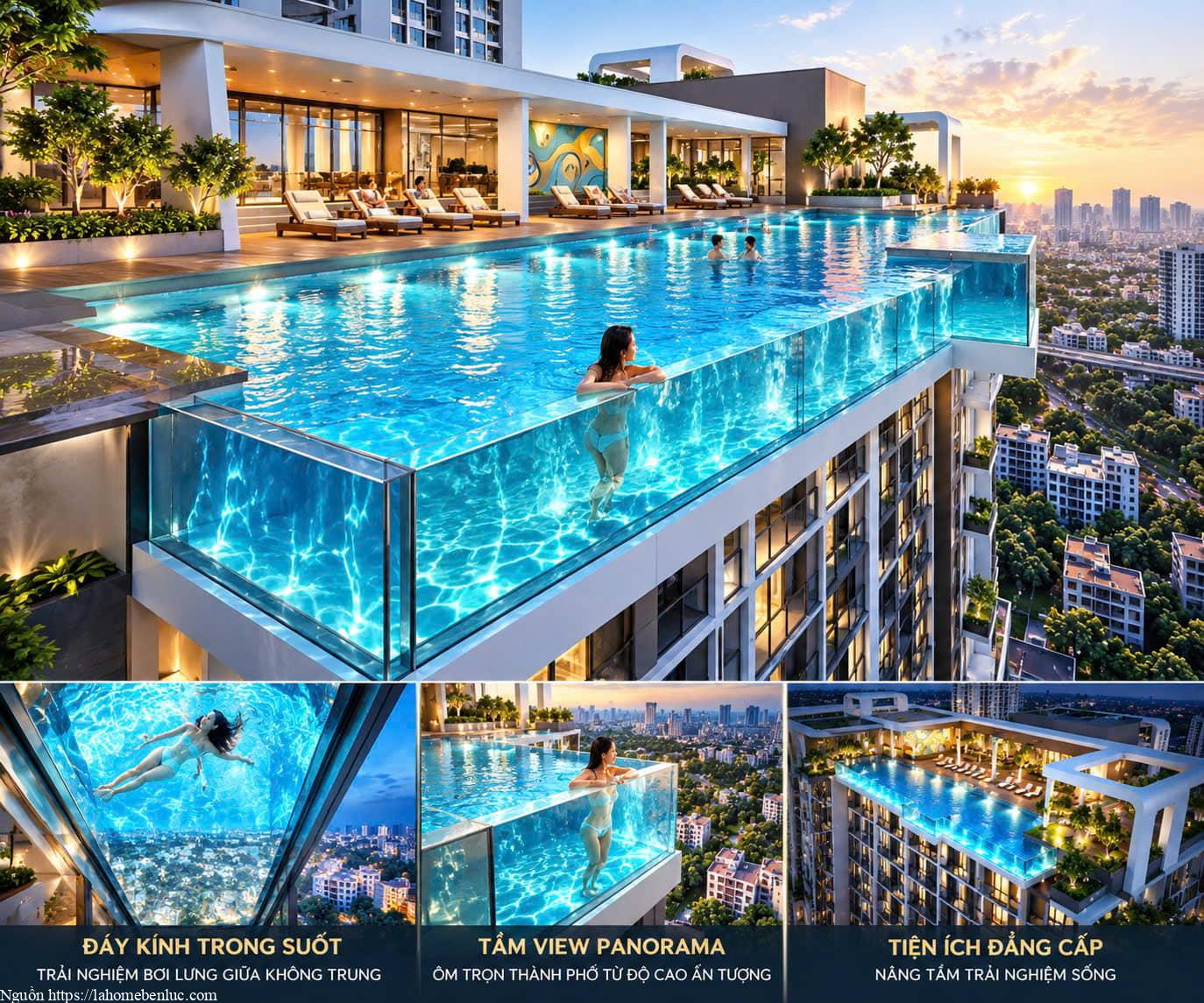 Hồ bơi có đáy kính trong suốt tạo không gian bơi nhìn xuyên xuống, mang trải nghiệm độc đáo tại dự án Happy One Elite.