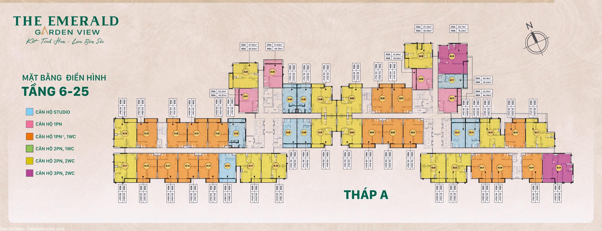 Mặt bằng Tháp A The Emerald Garden View tầng 6–25 thể hiện vị trí từng căn, mã căn và diện tích các loại căn hộ