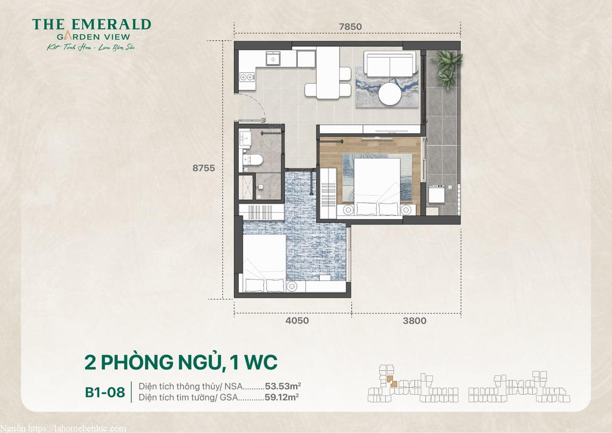 Mặt bằng bố trí căn hộ 2PN 1WC mã B1-08, diện tích sử dụng 59 m2, thiết kế chi tiết
