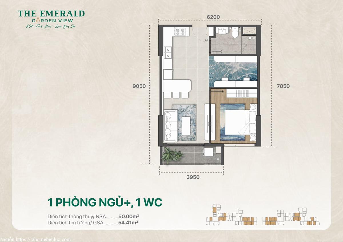 Mặt bằng căn 1PN Plus 1WC diện tích 54 m2