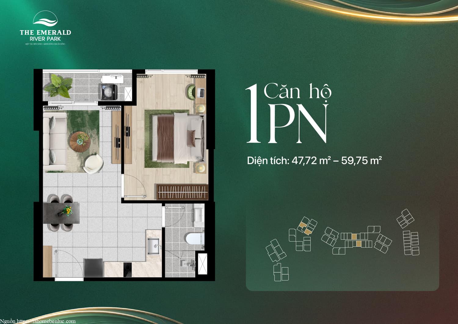 Mặt bằng căn hộ 1PN The Emerald River Park, thiết kế diện tích 47 m2–59 m2
