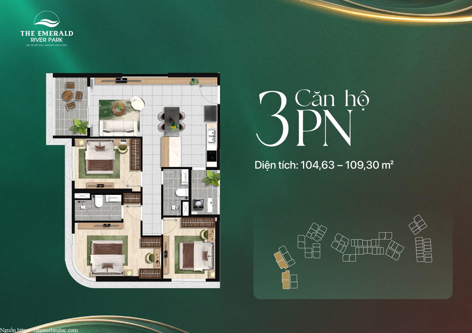 Mặt bằng căn hộ 3PN dự án The Emerald River Park, diện tích từ 104 m2 đến 109 m2 chi tiết