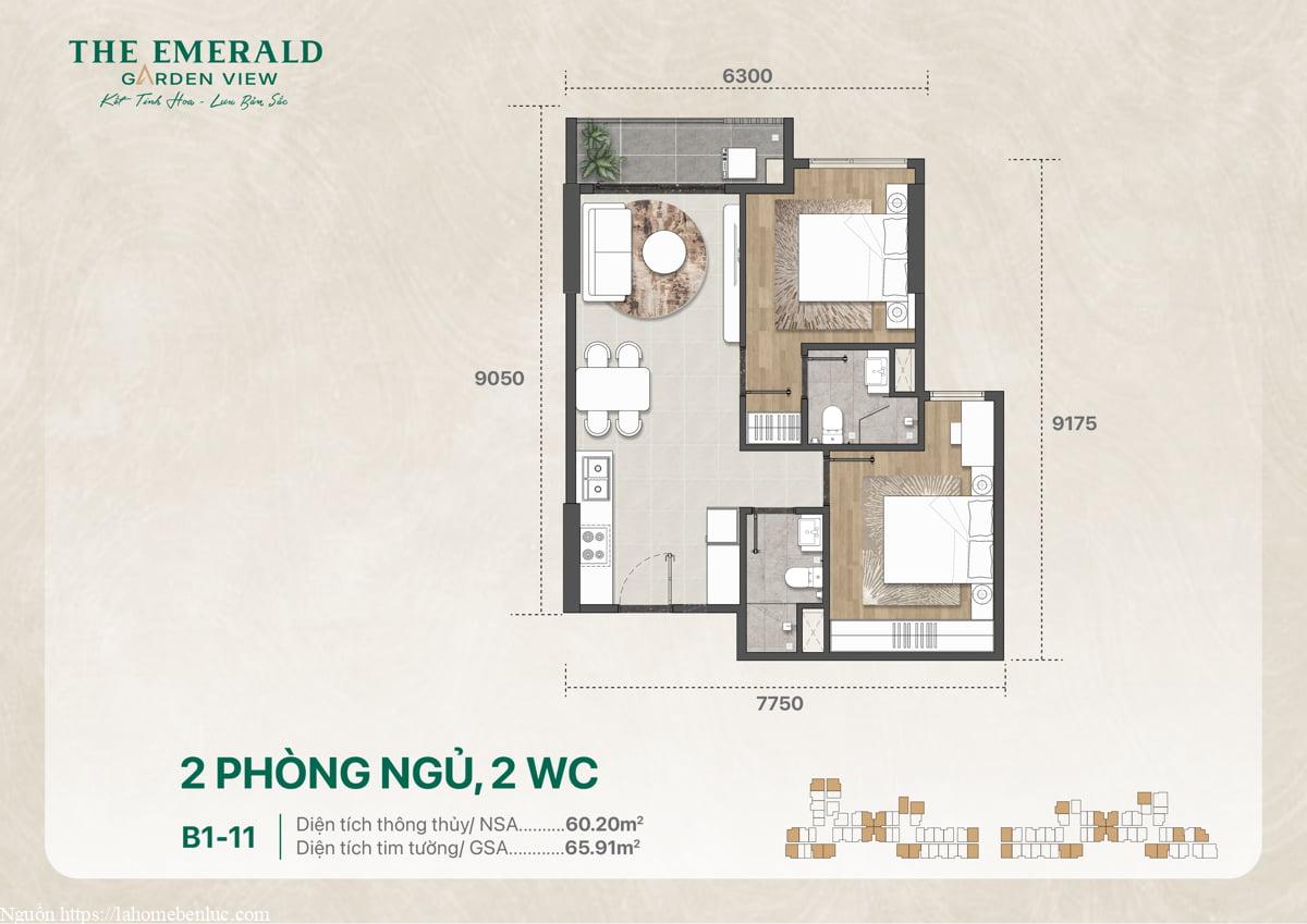Mặt bằng căn hộ B1-11 gồm 2 phòng ngủ và 2 phòng vệ sinh, bố trí nội thất và diện tích sử dụng 65 mét vuông