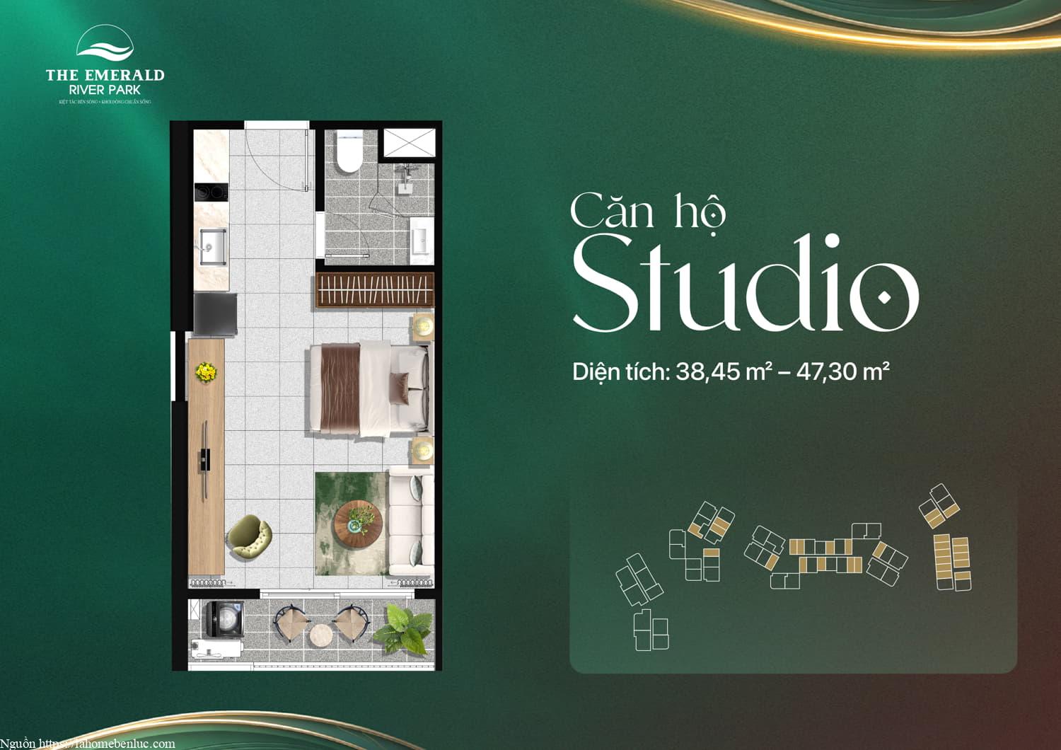 Mặt bằng thiết kế Studio The Emerald River Park, diện tích 38–47 m2