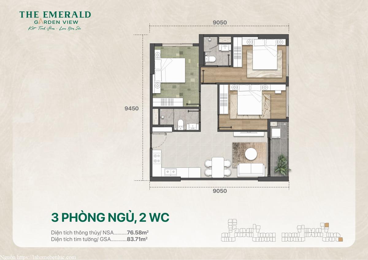 Mặt bằng thiết kế căn hộ 3 phòng ngủ và 2 vệ sinh, diện tích sử dụng là 83 m2