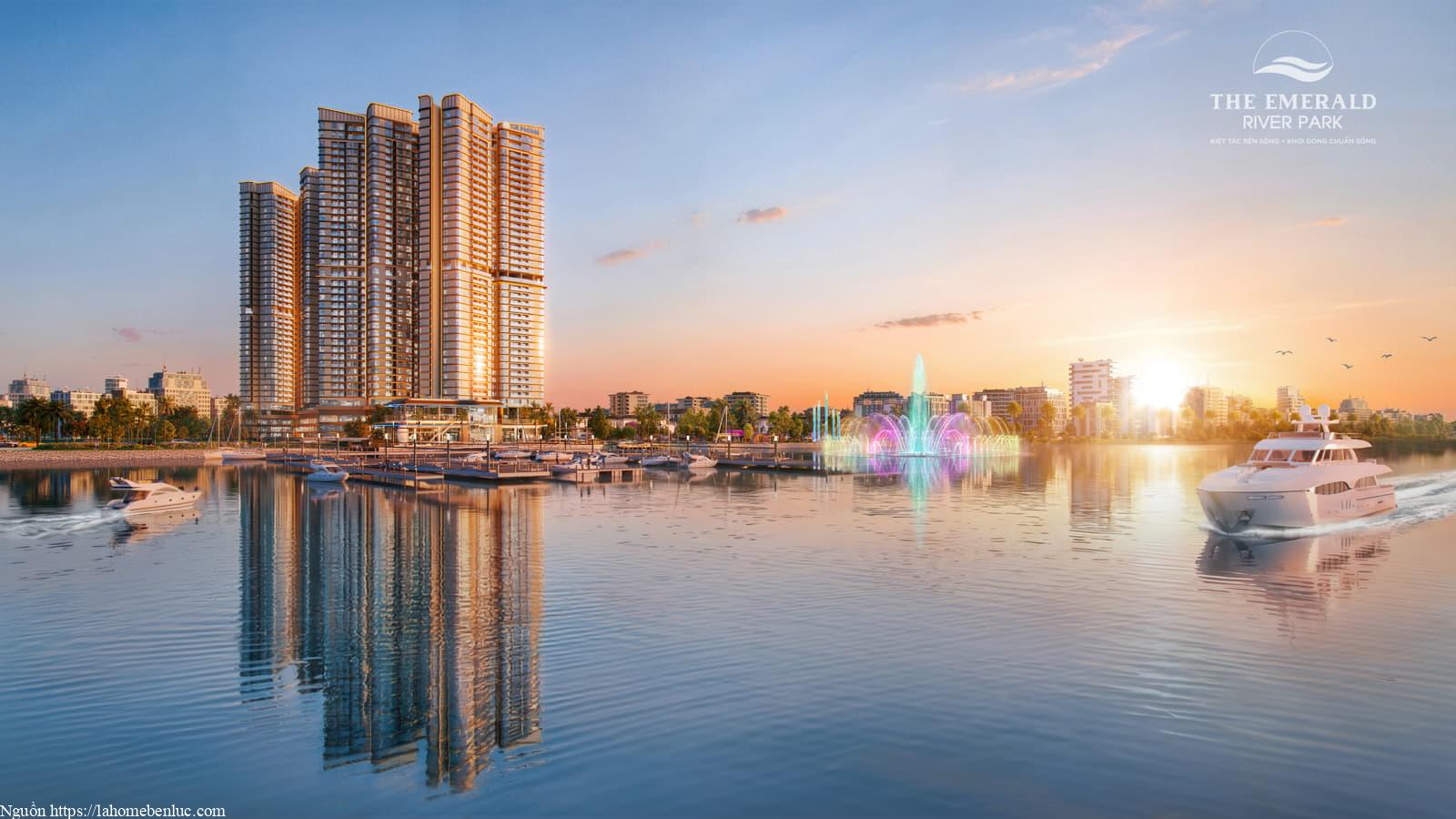 Mặt dựng The Emerald River Park thể hiện mặt đứng công trình nhìn từ phía sông Sài Gòn