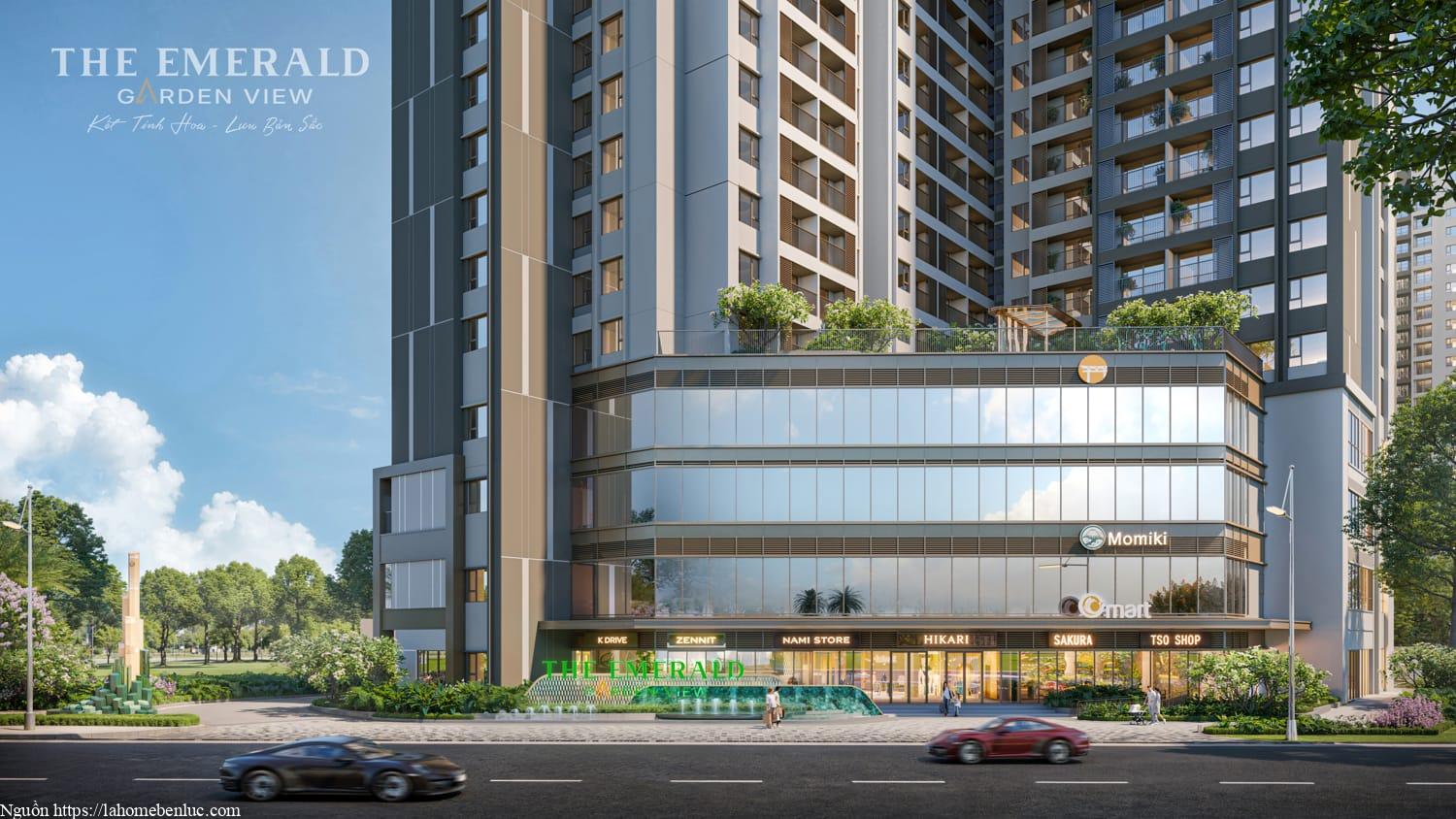 Phối cảnh khối đế The Emerald Garden View trung tâm thương mại bốn tầng, có mặt đứng và lối vào