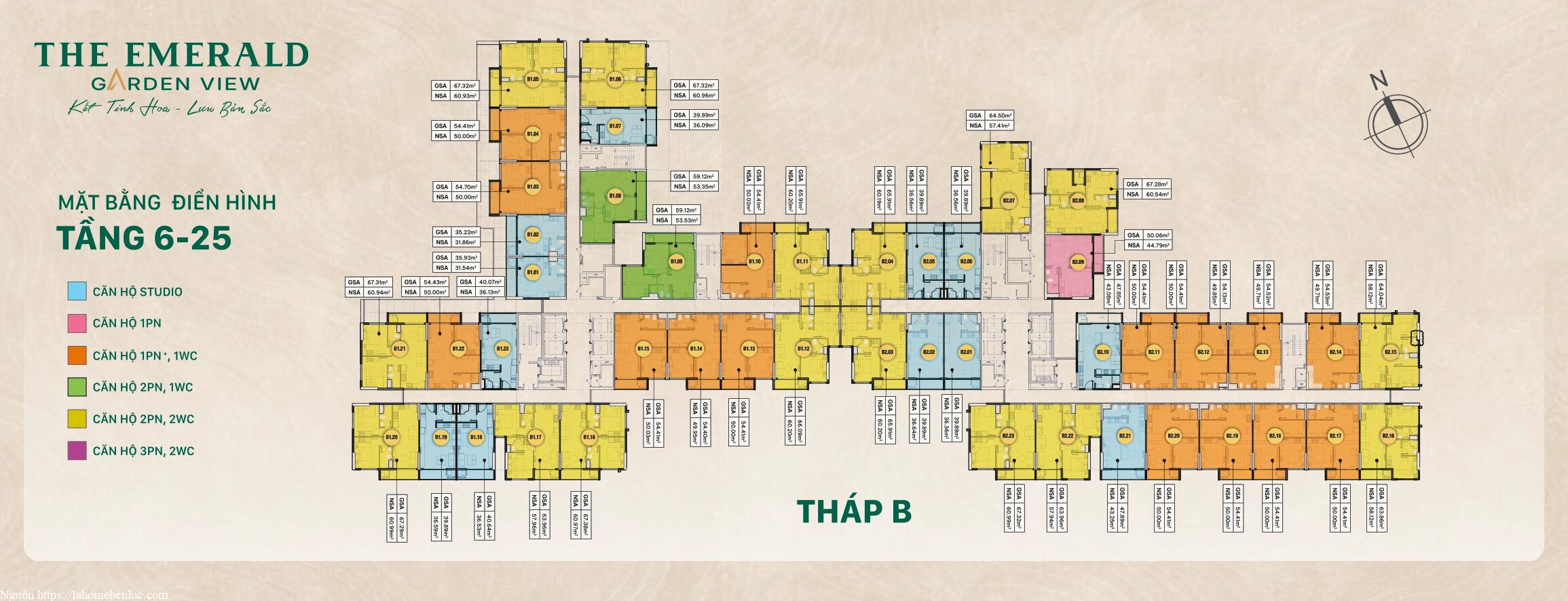 Sơ đồ Tháp B The Emerald Garden View tầng 6–25: vị trí, mã, diện tích