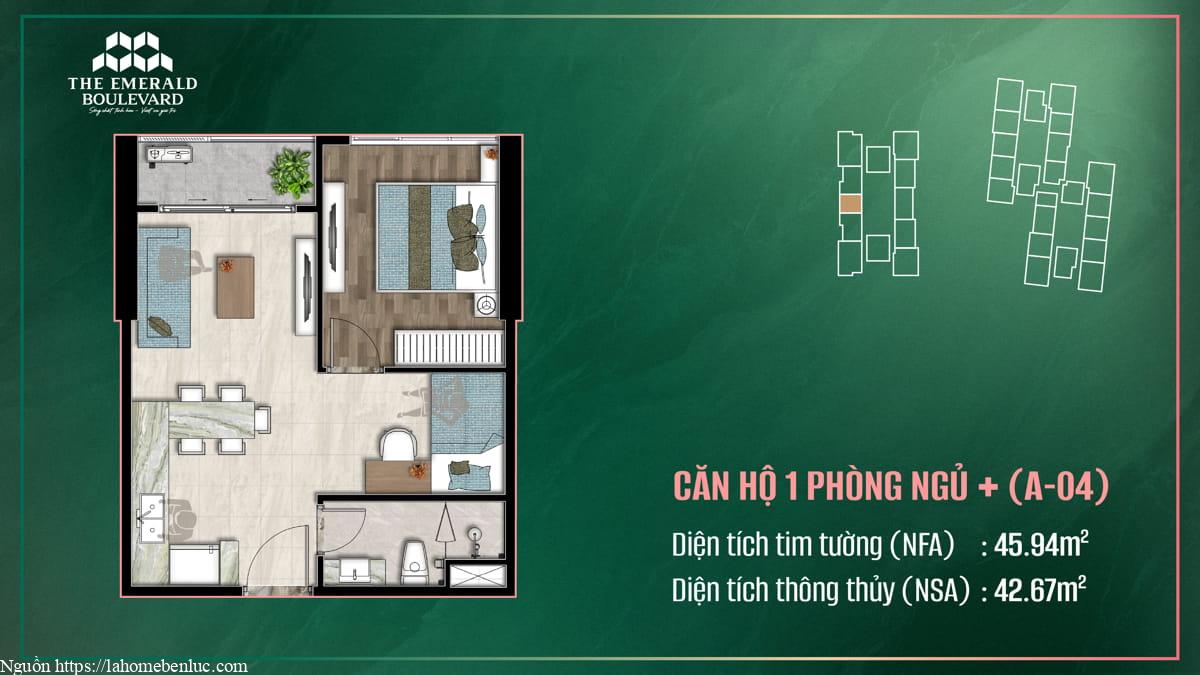 Thiết Kế Căn Hộ 1PN Plus A-04 The Emerald Boulevard