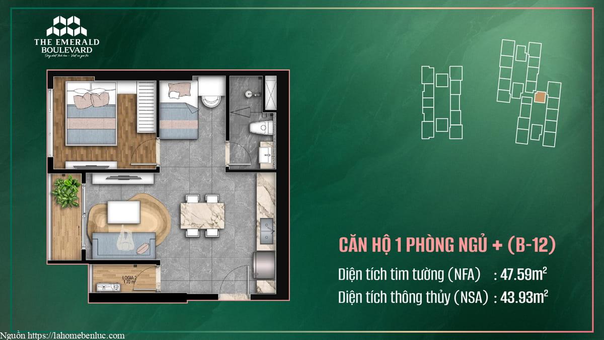 Thiết Kế Căn Hộ 1PN Plus B-12 The Emerald Boulevard