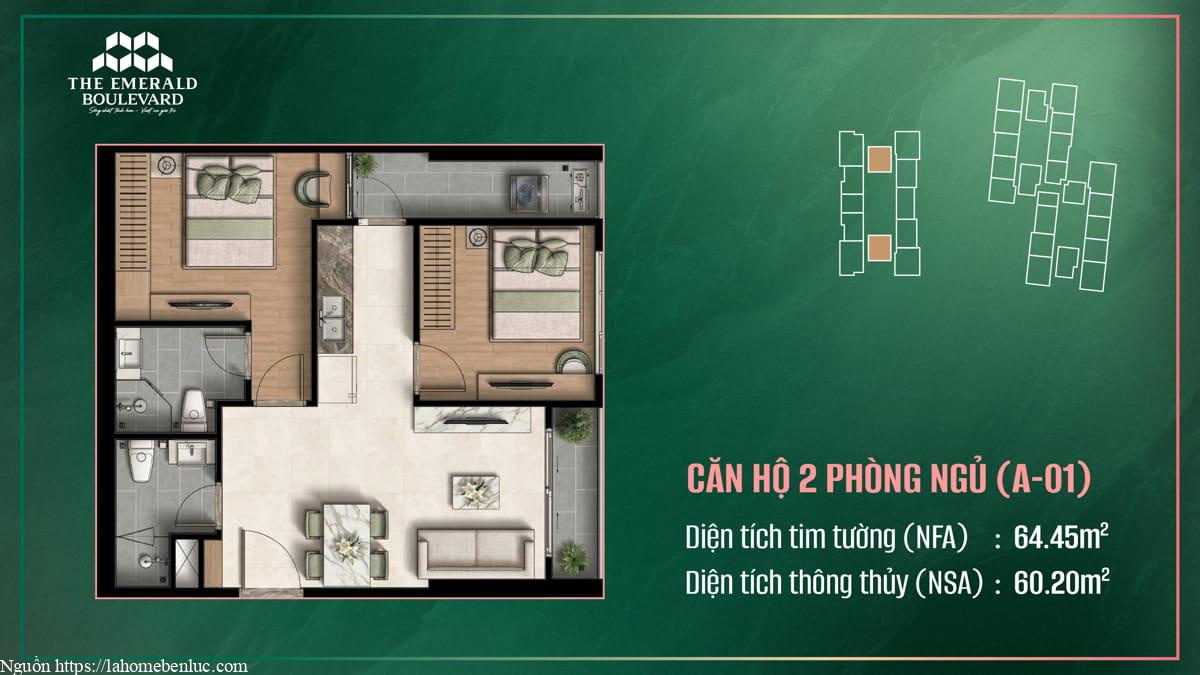 Thiết Kế Căn Hộ 2PN A-01 The Emerald Boulevard