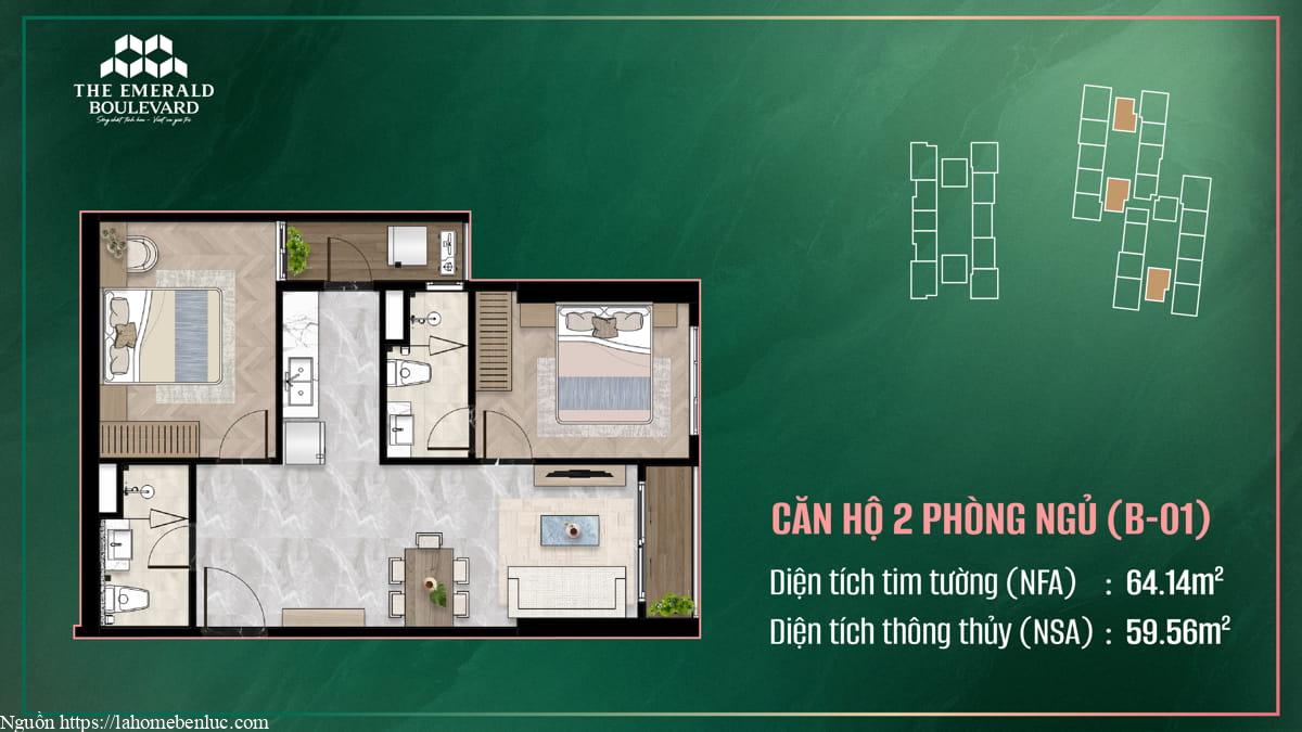 Thiết Kế Căn Hộ 2PN B-01 The Emerald Boulevard