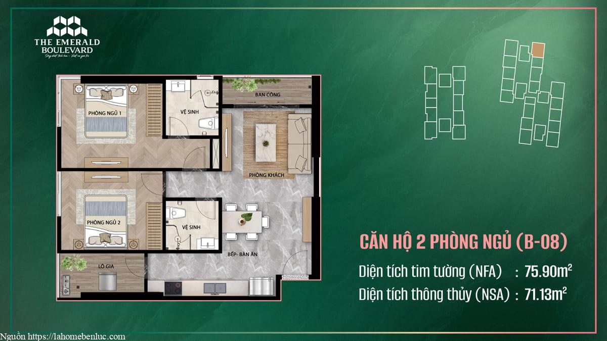 Thiết Kế Căn Hộ 2PN B-08 The Emerald Boulevard