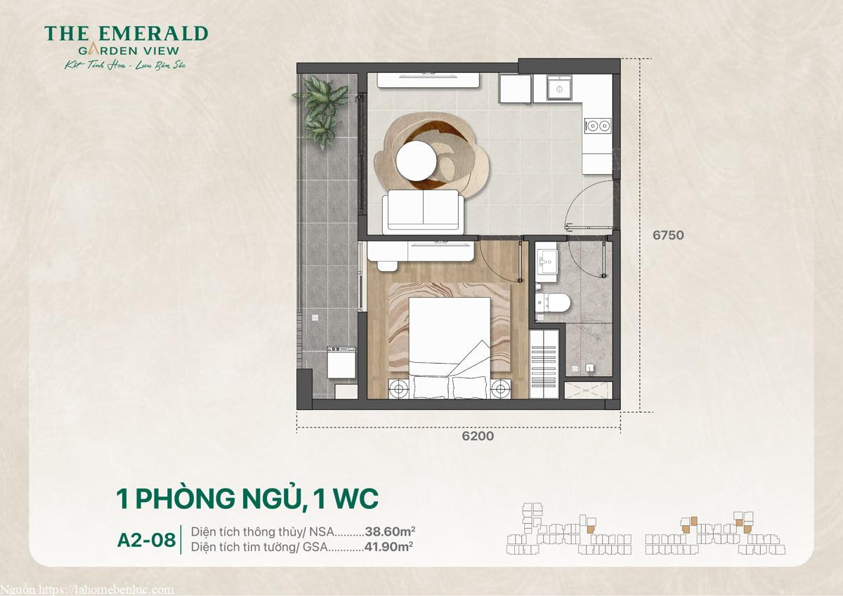 Thiết kế căn 1 phòng ngủ 1 vệ sinh A2-08 41 m2