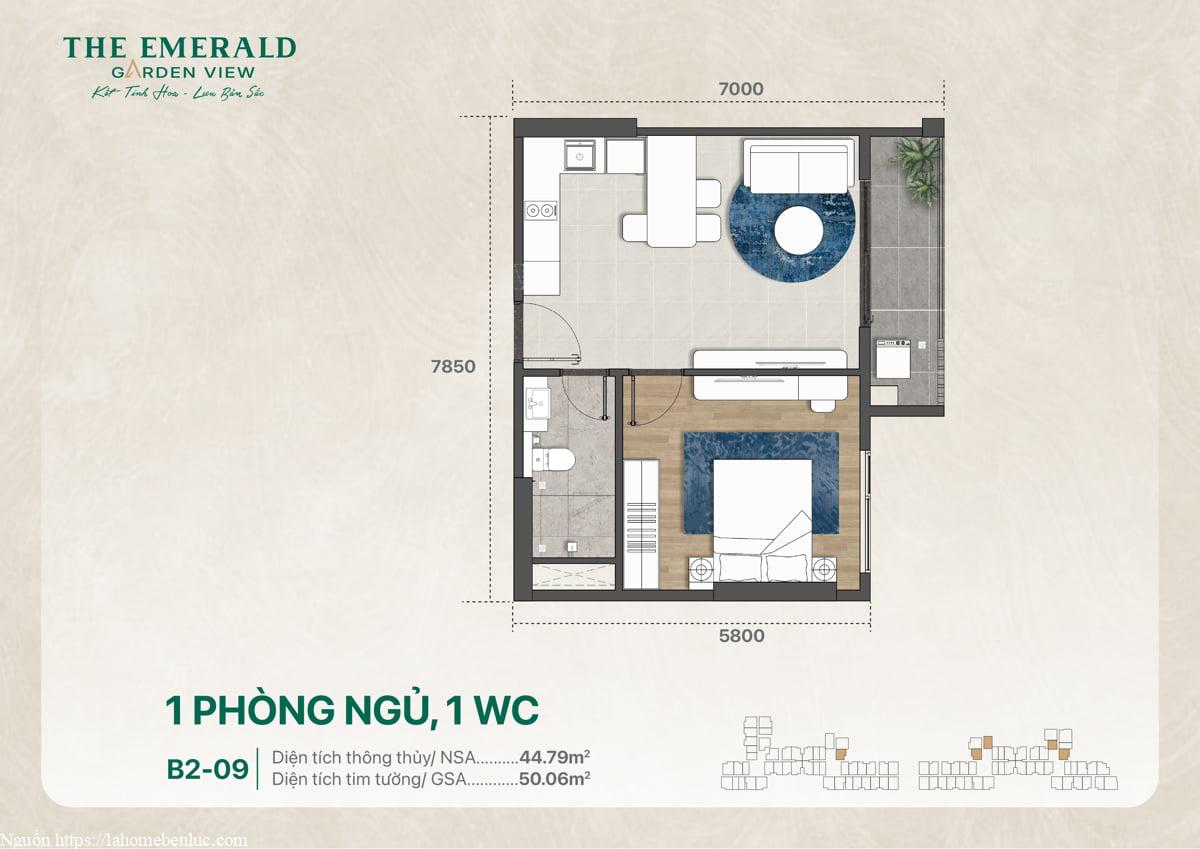 Thiết kế căn hộ 1PN 1WC B2-09 diện tích 50 m2