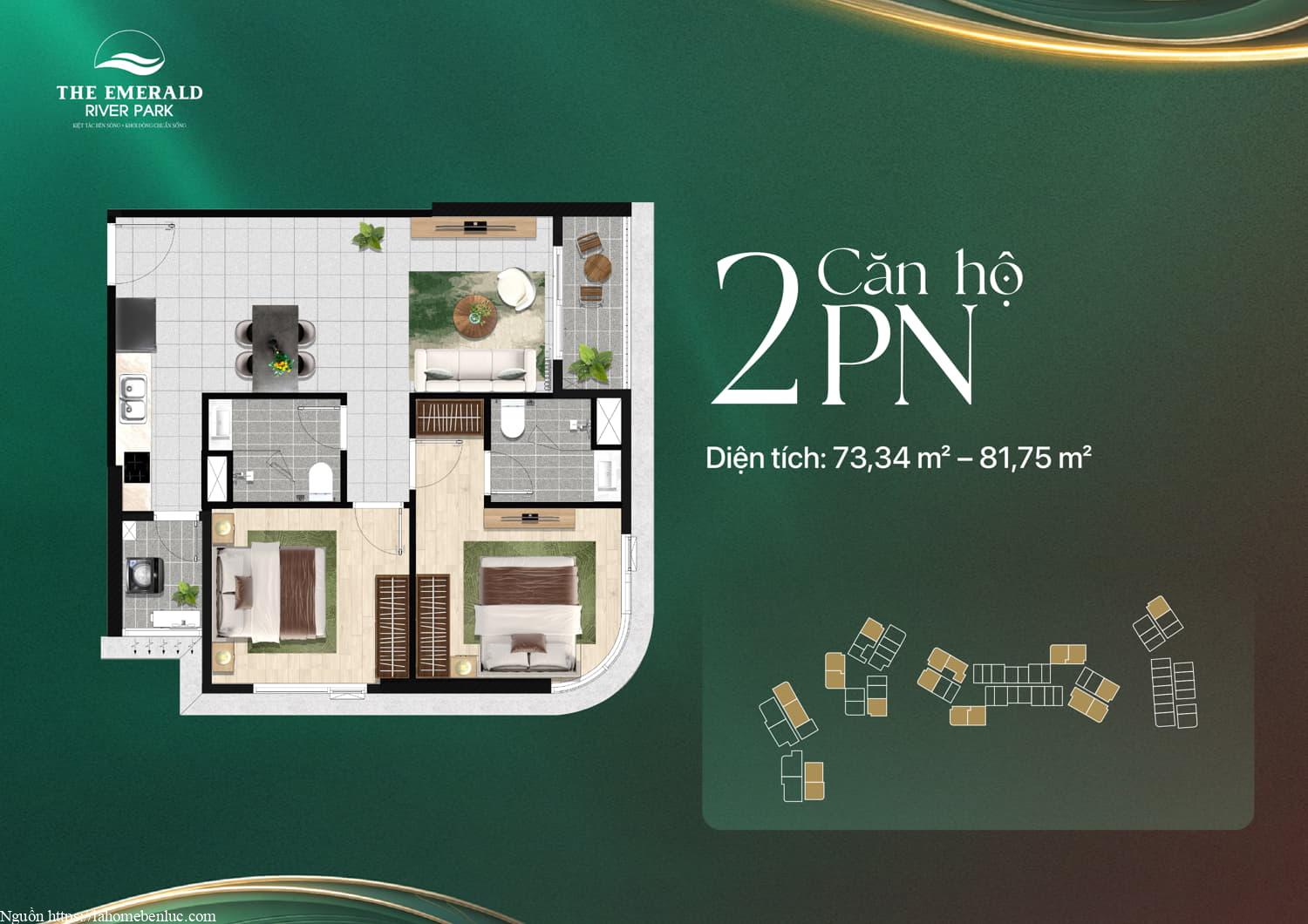 Thiết kế căn hộ 2 phòng ngủ The Emerald River Park, diện tích 73–81 m2