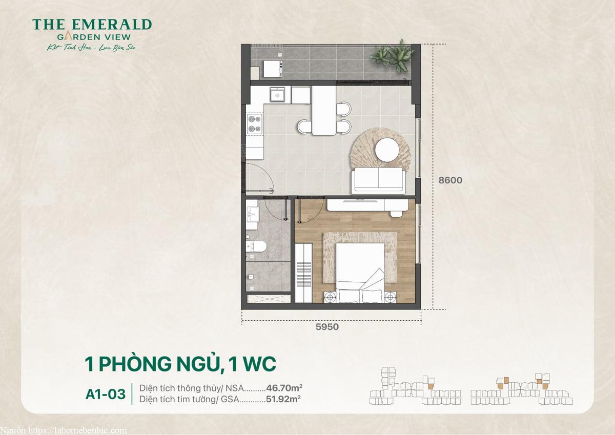 Thiết kế mặt bằng căn hộ A1-03 gồm 1 phòng ngủ và 1 vệ sinh, có tổng diện tích 51 mét vuông