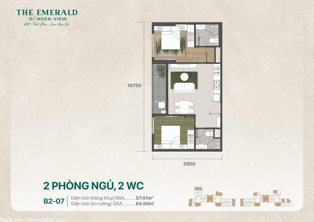 Thiết kế mặt bằng căn hộ B2-07, 2 phòng ngủ 2 phòng vệ sinh, diện tích 64 m2
