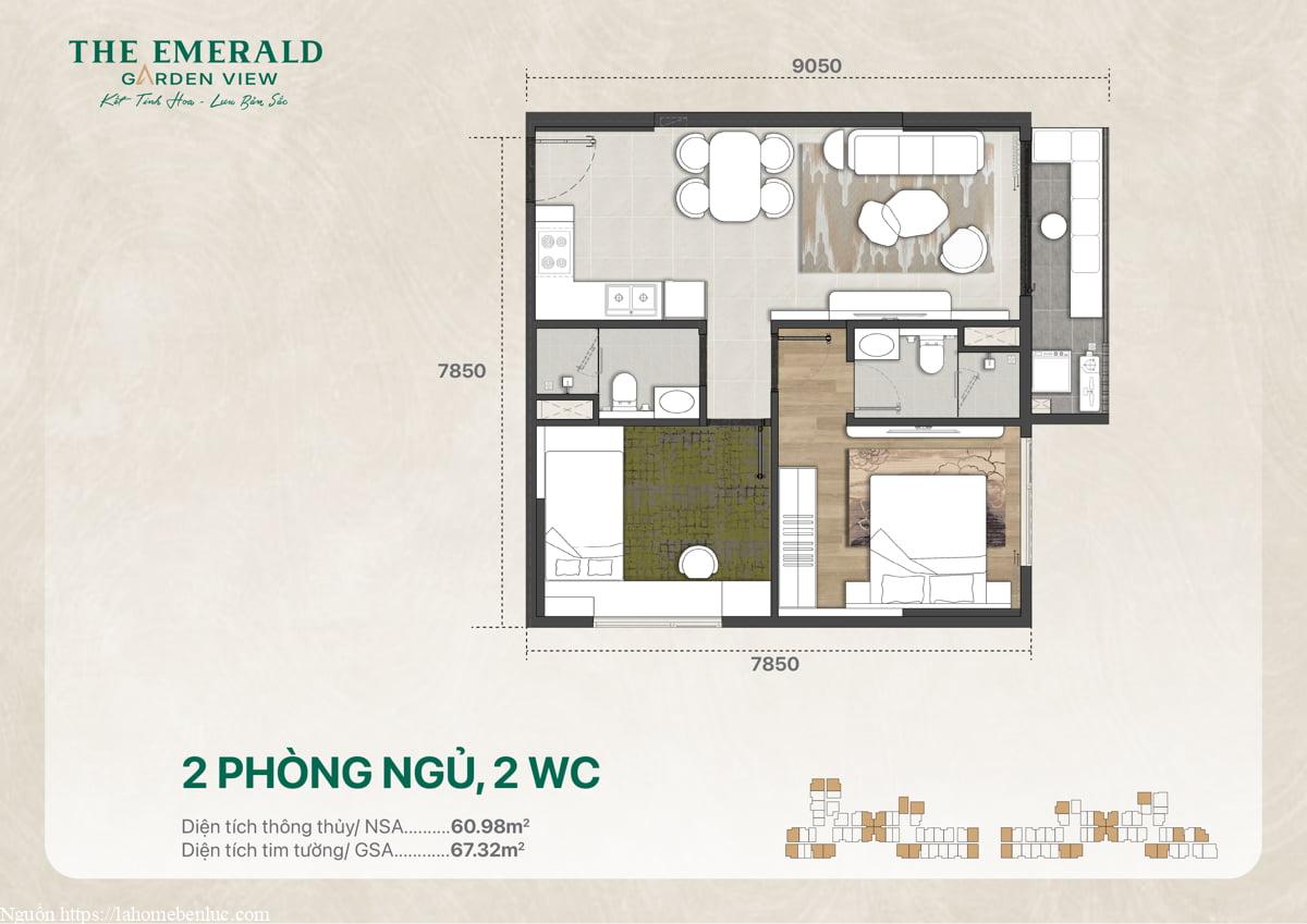 Thiết kế mặt bằng căn hộ hai phòng ngủ hai vệ sinh diện tích 67 mét vuông