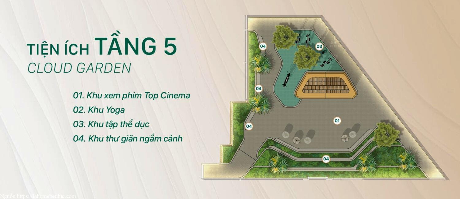 Tiện ích tầng 5 The Emerald Garden View gồm cinema, yoga, phòng tập thể dục và thư giãn ngắm cảnh